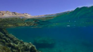 Bölünme, aynı zamanda deniz seviyesindeki bir kamera sualtı ve yüzeysel kayalık kıyı manzarasını gösteriyor..