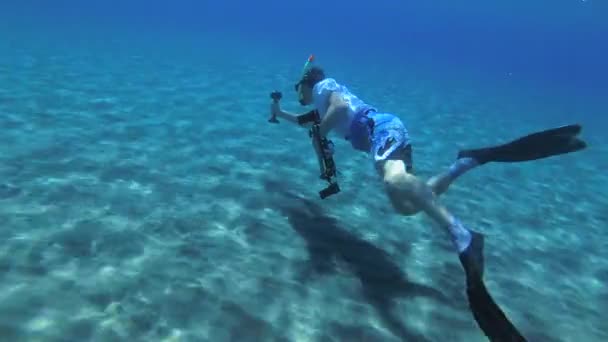 Un freediver con una cámara de acción está filmando peces en un fondo arenoso. — Vídeos de Stock