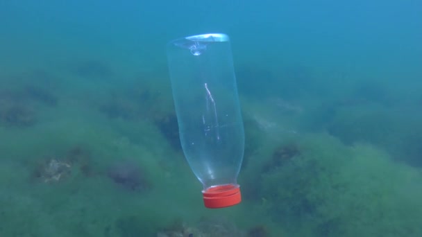 Plastikverschmutzung des Meeres: PVC-Flasche sinkt langsam auf den Grund. — Stockvideo