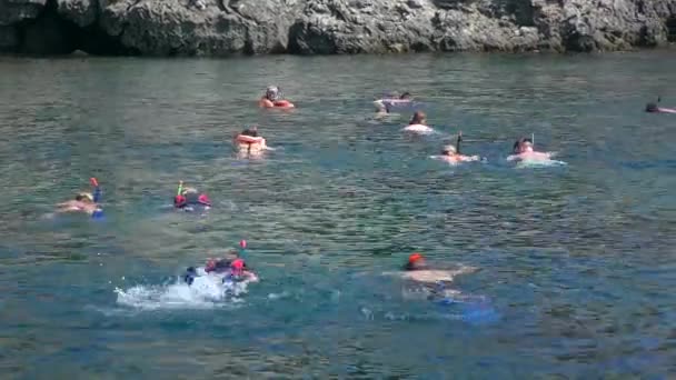 Snorkel: un grupo de turistas en máscaras submarinas contra una costa rocosa. — Vídeos de Stock