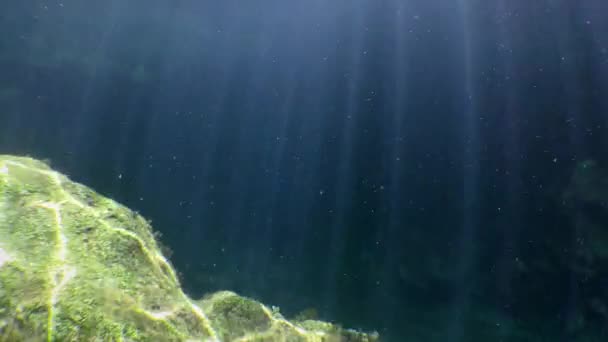 Snorkeling, scuba diving: the camera moves to the dark entrance to the grotto through the sun's rays. — Stock Video