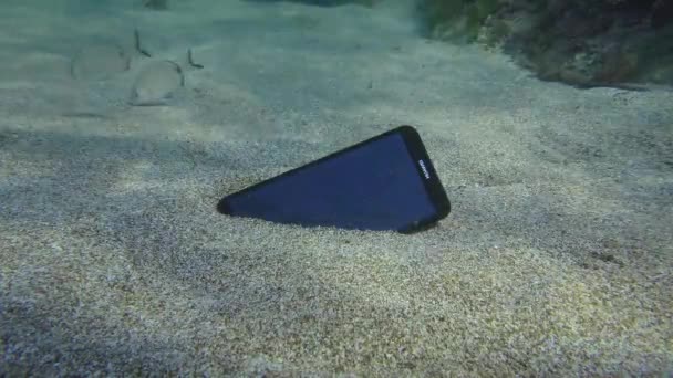 Förlorade smartphone Huawei i sandbotten, i bakgrunden havsbraxen fisk. — Stockvideo