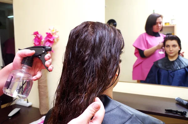 Peluquería prepara al cliente para el corte de pelo en un salón Imagen De Stock