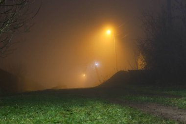 Gecenin derinliklerindeki bir köy yolu ya da patika yoğun bir siste kaybolur, sadece uzak turuncu sokak lambalarıyla aydınlatılır. Işık yeşil çimlerin üzerinde ürkütücü, mistik bir hale oluşturuyor..