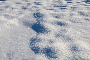El değmemiş beyaz bir yüzey, dondurucu soğukta rüzgarın oluşturduğu yumuşak sürüklenme ve dalgalı şekillerle kaplıdır. Parlak güneş ışığı, kar örtüsünün ince kristalimsi dokusunu vurguluyor. Narin bir ışık ve gölge oyunu yaratıyor. 