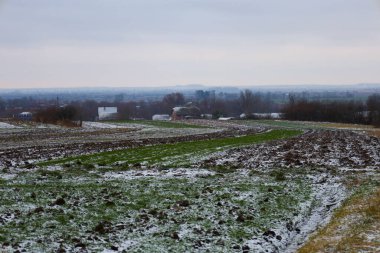 Kış ekinleri ve sürülmüş topraklarla kaplı çok katmanlı tarım alanları kasvetli bir gökyüzünün altında ince bir ilk kar tabakasıyla kaplıdır..