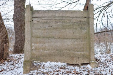 Eski çatlamış beton levha, ağaçlarla çevrili bir kış ormanının ortasında duruyor ve ince bir kar tabakasıyla kaplanıyor..