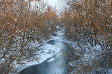 Karanlık suyu olan dolambaçlı bir nehir yumuşak akşam ışığı altında yoğun bir karlı ormanın içinden yavaşça akar. Çıplak ağaç dallarından oluşan kalın bir dantel, su yolunu çerçeveler, kışın sessizliği ve doğal ahenkle dolu pitoresk bir manzara yaratır.,