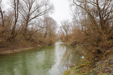 Sakin bir nehir, boş sezonda kasvetli bir gökyüzü altında çıplak ağaçlarla sık bir yaprak döken ormanın içinden akar. Yüksek kıyılar solmuş çimen ve düşen yapraklarla kaplı. Yalnızlık ve doğal sessizlik ortamı yaratıyor..