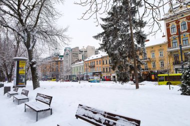 Lviv, Ukrayna - 24 Ocak 2026: Kabarık beyaz karla kaplı ahşap bankların yer aldığı rahat bir kış parkı Avrupa mimarisinin resmedilmiş arka planına karşı.