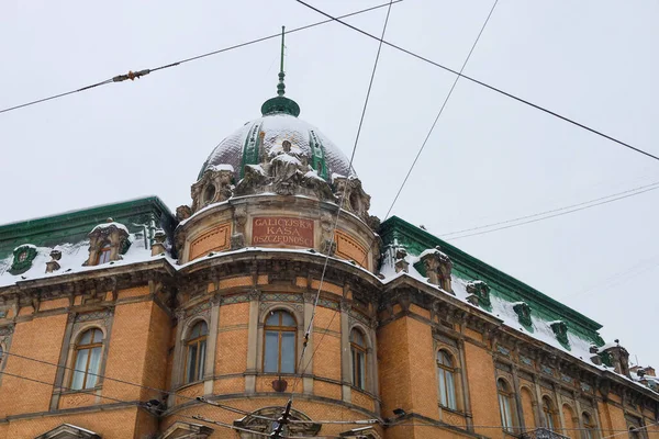 Lviv, Ukrayna - 24 Ocak 2026: Lviv 'deki eski Galiçya Tasarruf Bankası' nın görkemli tarihi binası yeni bir kar tabakası altında şaşırtıcı mimari ayrıntılar sergiliyor.