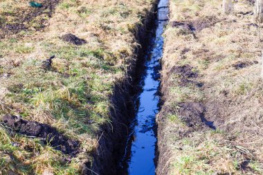 Temiz suyla dolu dar bir çukur kuru çimenler ve kazılmış toprak arasında bahar toprağını keser. Bu drenaj kanalı mavi gökyüzünü yansıtıyor ve mevsimsel çalışmalara hazırlanırken kırsal alanda keskin bir çizgi oluşturuyor..