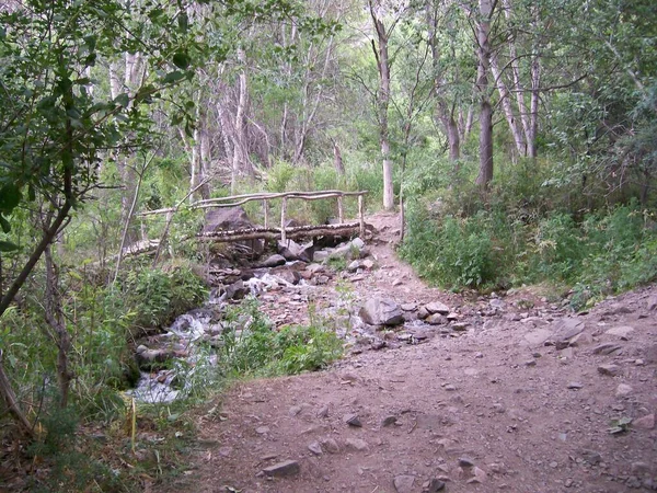 Dağlardaki geçit için nehrin üzerindeki tahta köprü.