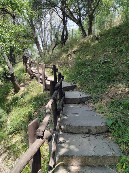 Kolayca yürümek için tahta parmaklıklarla taş basamaklar, güneşli bir günde yazın çekilmiş fotoğraflar. 