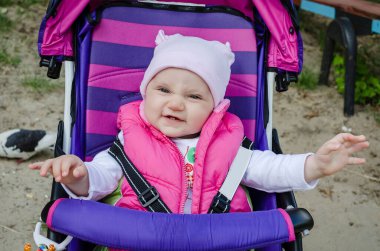 Bebek arabasındaki bebek portresi. Pembe ve mor çizgili bebek arabasında