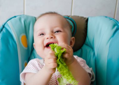 Sevimli küçük bebek 9 Mounth 'ın portresi. Bebek bebek koltuğunda oturuyor ve sebze salatası / sağlıklı konsept yiyor.