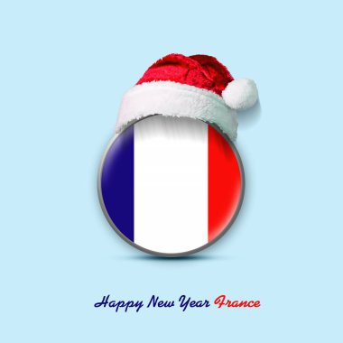 Mutlu yıllar, Fransa. Yuvarlak rozetli Fransa bayrağı ve Noel Baba şapkası. Açık mavi bir arka planda izole edilmiş. Tasarım elemanı. Neşeli arkaplan