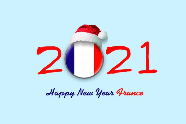 2021 Новим Роком Франції Прапор Франції Круглому Знаку Санта Капелюсі — стокове фото