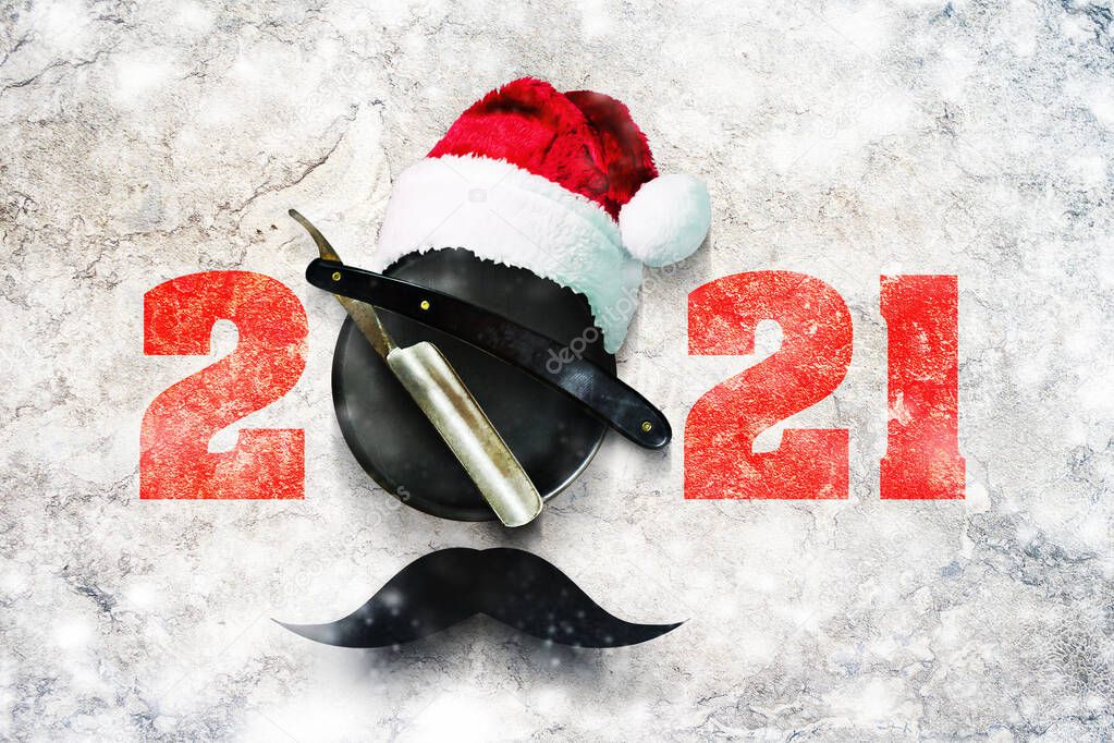 2021. Razor, Mustache, and Santa Hat. Happy New Year Barber, Hairdresser. Congratulatory postcard Festive background