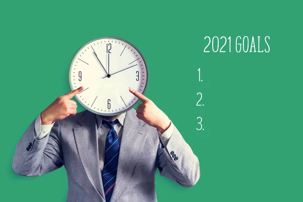 2021 Goals Concept Plans Next Year Businessman Clock Instead Head — Stock fotografie