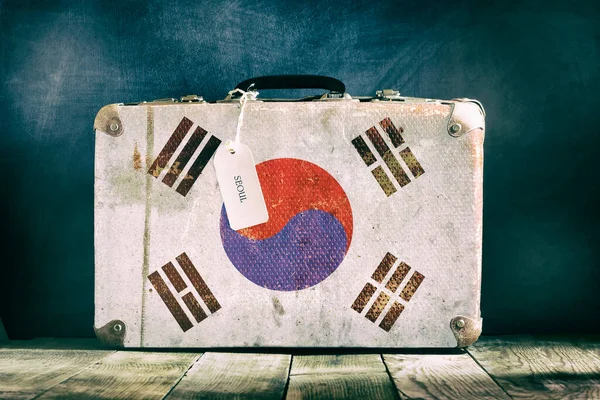 Old Suitcase Korea Flag Wooden Background Travels — Foto Stock