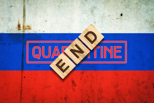 End Quarantine Inscription Wooden Blocks Background Flag Russia End Pandemic — Stock Fotó