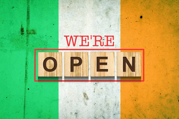 Open Inscription Wooden Blocks Background Flag Ireland Business Travel — Stok Foto