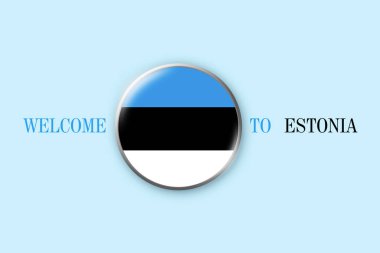 Mavi arka planda Estonya bayrağı olan yuvarlak rozet. Üç boyutlu illüstrasyon. Estonya 'ya hoş geldiniz. Seyahat.