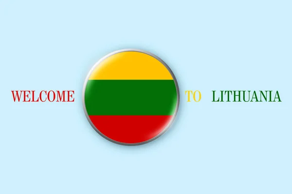 Insignia redonda con bandera de Lituania sobre fondo azul. Ilustración 3D. Bienvenido a Lituania. Viajes. —  Fotos de Stock
