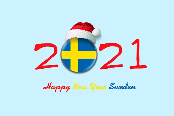 2021 Новорічною Швецією Прапор Швеції Круглому Знаку Санта Капелюсі Розташований — стокове фото