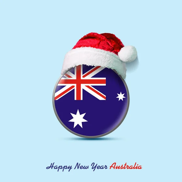 Frohes Neues Jahr Australien Australien Flagge Rundem Abzeichen Und Weihnachtsmütze — Stockfoto