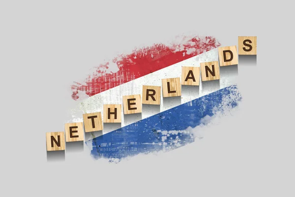 Netherlands Inscription Wooden Blocks Background Flag Netherlands Isolated Gray Background — Fotografia de Stock