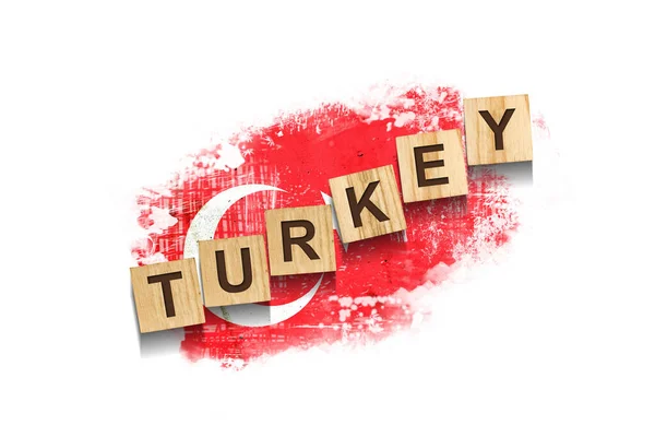 Turkey Inscription Wooden Blocks Background Flag Turkey Isolated White Background — Fotografia de Stock