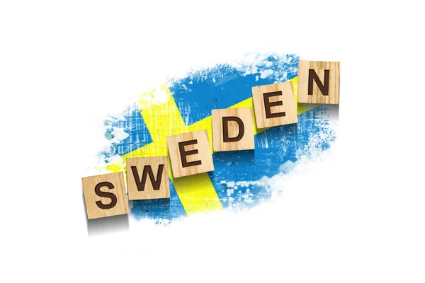 Szwecja Napis Drewnianych Blokach Tle Flagi Szwecji Odizolowany Białym Tle — Zdjęcie stockowe