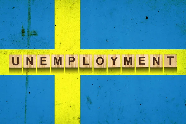 Werkloosheid Inscriptie Houten Blokken Achtergrond Van Zweedse Vlag Groei Van — Stockfoto