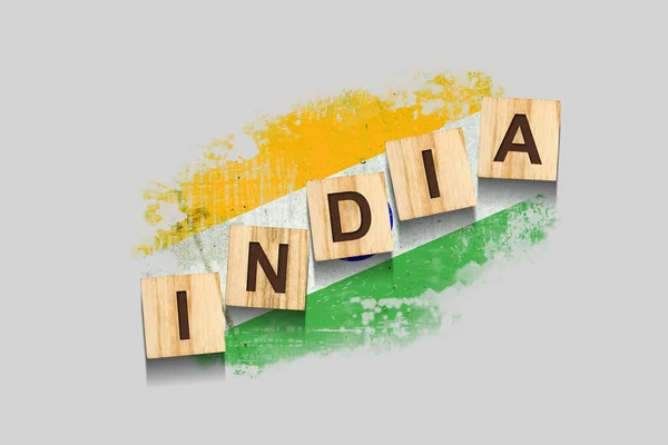 India Inscripción Bloques Madera Sobre Fondo Bandera India Ilustración Aislado —  Fotos de Stock