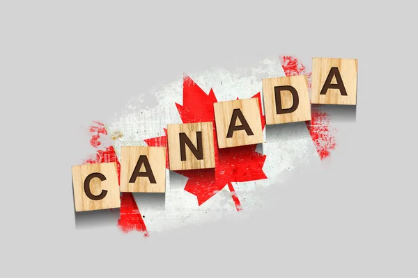 カナダだ カナダの国旗を背景に木製のブロックに刻まれた碑文 3Dイラスト 灰色の背景に隔離されています デザイン要素 — ストック写真