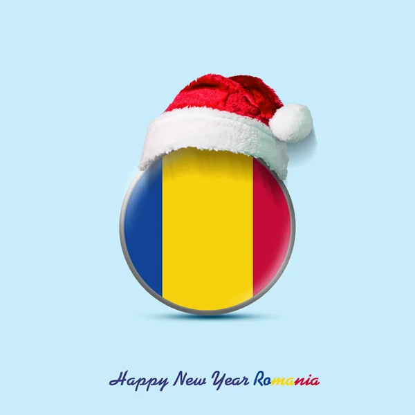 Szczęśliwego Nowego Roku Rumunia Rumuńska Flaga Okrągłej Odznace Czapce Mikołaja — Zdjęcie stockowe