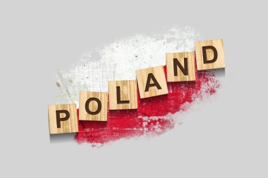 Polonya. Tahta bloklardaki yazı, Polonya bayrağının arka planına karşı. Üç boyutlu illüstrasyon. Gri bir arka planda izole edilmiş. Tasarım ögesi