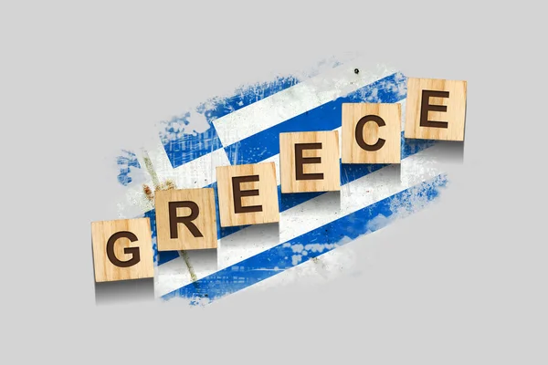 Ελλάδα Επιγραφή Στους Ξύλινους Κύβους Στο Βάθος Της Σημαίας Της — Φωτογραφία Αρχείου