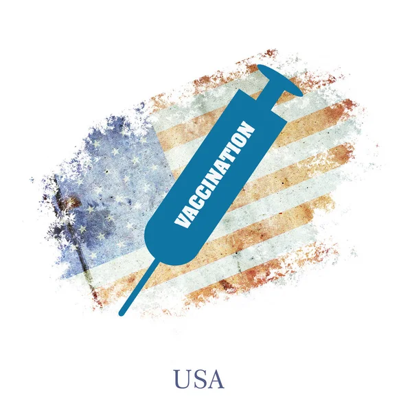Jeringa de iconos para la vacunación, en el contexto de una bandera de América. Vacuna contra el Coronavirus COVID-19. Aislado sobre un fondo gris. Protección contra virus. — Foto de Stock