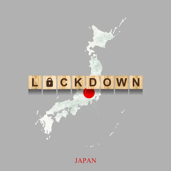 封锁。日本。木块上的题词,与日本地图的背景相对照.3D插图。关闭国家隔离。被隔离了. — 图库照片