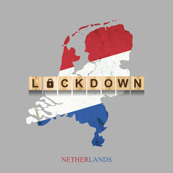 Bloqueo. Países Bajos. La inscripción en bloques de madera, sobre el fondo del mapa de Holanda. Ilustración 3D. Cerrando el país a cuarentena. Aislado. —  Fotos de Stock