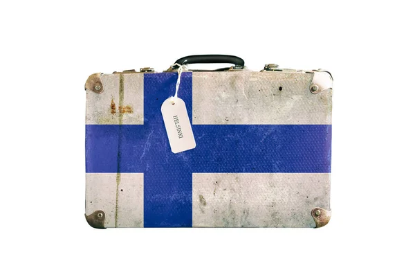 Vecchia valigia con la bandiera della Finlandia. Isolato — Foto Stock