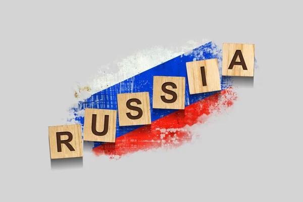 Russia Inscription Wooden Blocks Background Flag Russia Illustration Isolated Gray — Stock Photo, Image