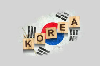 Kore. Tahta bloklardaki yazı Kore bayrağının arka planına karşı. Üç boyutlu illüstrasyon. Gri bir arka planda izole edilmiş. Tasarım ögesi