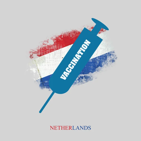 オランダの国旗を背景に ワクチン接種のためのアイコン注射器 コロナウイルスCovid 19ワクチン 灰色の背景に隔離されています ウイルス対策 — ストック写真