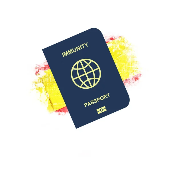 Immune Passport, against the background of the flag of Spain. For entering the country, people vaccinated or recovered from COVID-19. For business and travel.