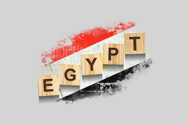 Egypte Opschrift Houten Blokken Tegen Achtergrond Van Vlag Van Egypte — Stockfoto