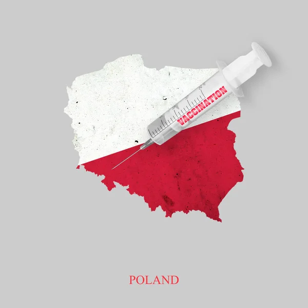 疫苗注射器 以波兰地图为背景 Coronavirus Covid 19疫苗 3D例证 被灰色的背景隔离了病毒保护 — 图库照片